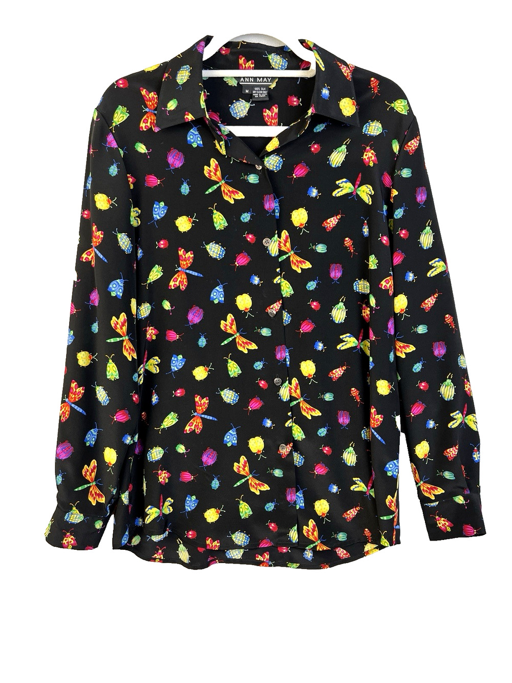 Ann May Silk Blouse Women Medium Dragonfly Black Button Front Collared Work